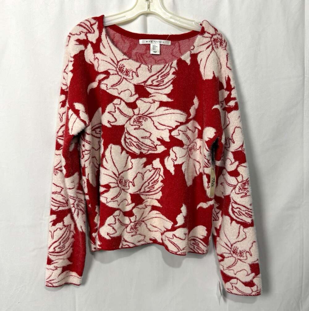 New Max Studio Women’s Floral Soft Pullover Sweater Red White Sz XL